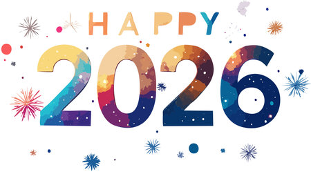 Happy 2026 text featuring a colorful watercolor texture, surrounded by scattered abstract fireworks and confettiのイラスト素材