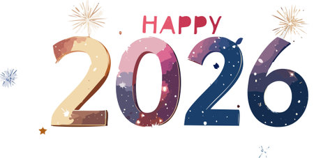 Happy new year 2026 text presenting a festive holiday greeting with colorful watercolor texture and...