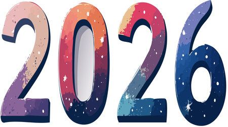 Displaying the year 2026 as stylized numbers with an abstract cosmic galaxy pattern, representing future and new beginningsのイラスト素材
