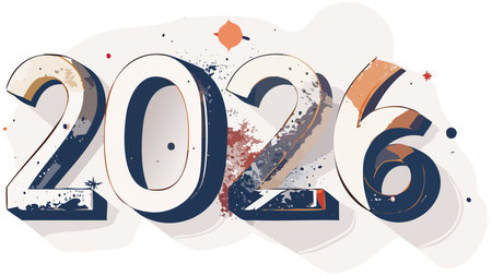 Stylized 2026 number graphic featuring a distressed texture and abstract shapes, symbolizing new year greetings and future visionのイラスト素材
