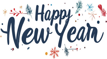 Happy new year lettering. Illustrating festive holiday greeting calligraphy with winter elements like snowflakes, fir branches, and berriesのイラスト素材