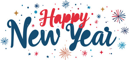 Happy new year greeting with red and blue lettering, surrounded by colorful abstract fireworks and stars on a white backgroundのイラスト素材