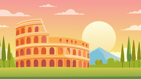 Colosseum, an iconic Roman landmark, standing in an animated landscape with cypress trees, a mountain, and a setting sunのイラスト素材