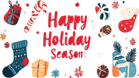 Festive holiday greeting card featuring happy holiday season text surrounded by candy canes, socks, presents, and snowflakesのイラスト素材