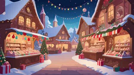 Festive Christmas market stalls offering goods, surrounded by charming snow-covered houses, decorated trees, and warm lights under a night skyのイラスト素材