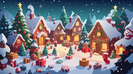 Charming village scene celebrating winter holidays, featuring decorated houses, christmas trees, gifts scattered on snow, and falling snowflakesのイラスト素材