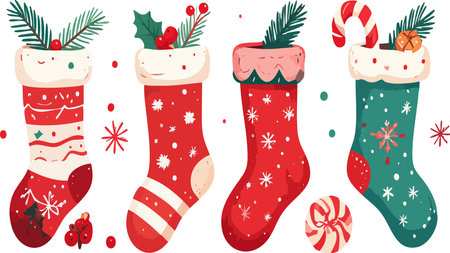 Festive Christmas stockings featuring various patterns and details, filled with pine branches, berries, and candyのイラスト素材