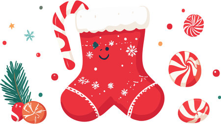 Red christmas stocking with a candy cane, lollipops, christmas tree branch, and snowflakes on a clean backgroundのイラスト素材