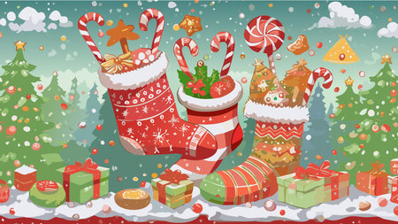 Christmas stockings hanging, filled with candy canes, holiday treats, and presents, celebrating winter traditionsのイラスト素材