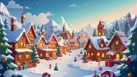 Snowy christmas village nestled among mountains, featuring festive houses, twinkling lights, and presents on a cozy winter nightのイラスト素材