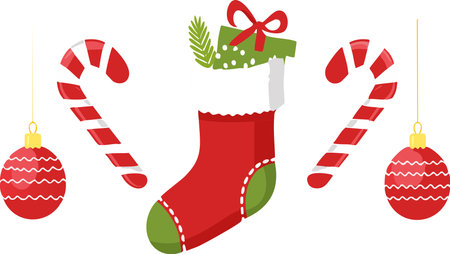 Seasonal collection featuring a festive red stocking holding a gift, flanked by striped candy canes and hanging baublesのイラスト素材