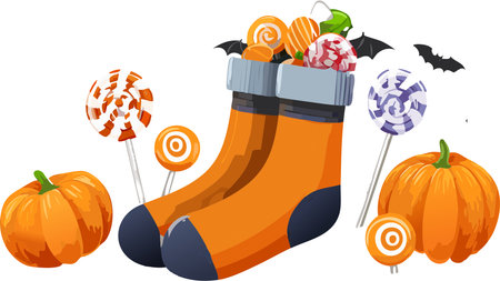 Orange socks overflowing with assorted candies and lollipops, set with pumpkins and flying bats for a halloween celebrationのイラスト素材