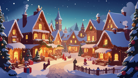 Cozy christmas village scene with snow covered houses, trees, and glowing lights, depicting festive holiday spirit at nightのイラスト素材