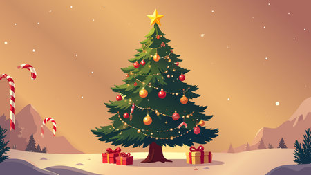 Festive Christmas tree adorned with ornaments, string lights, and a star, surrounded by presents and candy canes in a snowy landscapeのイラスト素材