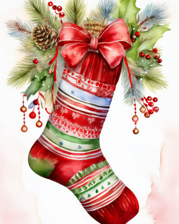 Christmas stocking in watercolor style showcasing holiday celebration featuring a red bow, pine branches, holly, and berriesの写真素材