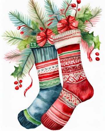 Festive hand-painted watercolor hanging Christmas stockings filled with evergreen branches, red berries, and decorative bowsの写真素材