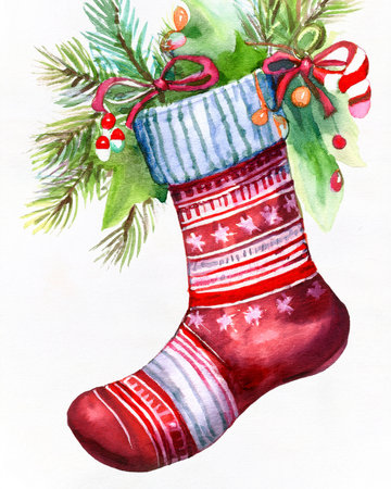 Festive christmas stocking watercolor illustration hanging on pine branches with a candy cane and winter berries, celebrating holiday joyの写真素材
