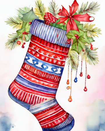 Festive Christmas stocking decorated with intricate patterns, pine branches, holly, red bow, and dangling ornaments, painted in watercolorの写真素材