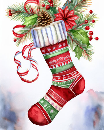 Festive christmas stocking watercolor illustration, hanging with pine branches, holly, berries, poinsettia, and candy caneの写真素材