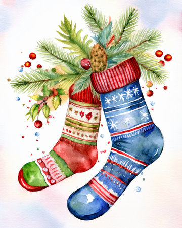 Watercolor illustration of two festive Christmas stockings hanging with pine tree branches, pine cones, and red berriesの写真素材