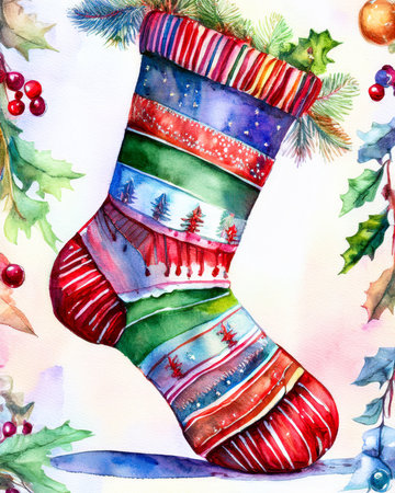 Festive holiday stocking filled with colorful details, watercolor painting style with pine twigs and red holly berriesの写真素材