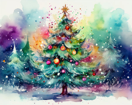 Colorful christmas trees in a watercolor painting creating a festive winter holiday atmosphere with ornaments and falling snowの写真素材