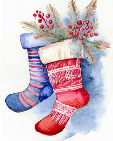 Festive Christmas stockings filled with evergreen branches and red berries, creating a warm holiday decorationの写真素材