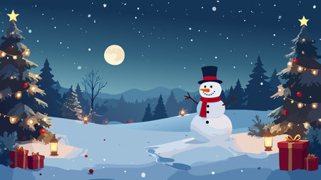 Snowman standing on a snowy forest path surrounded by decorated Christmas trees, lanterns, and gifts under a full moonのイラスト素材