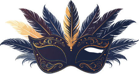Ornate venetian mask adorned with dark and gold feathers, featuring elegant gold filigree details, representing celebrationのイラスト素材