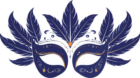 Elegant blue and gold masquerade mask featuring detailed ornamentation and large feathers for parties, festivals, and celebrationsのイラスト素材