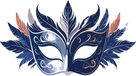 Elegant masquerade mask with navy and brown feathers, capturing the mystery and festive spirit of a grand carnival eventのイラスト素材