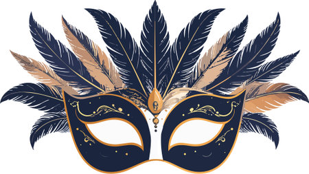 Elegant masquerade mask combining dark blue and gold with decorative feathers for parties, events, and festive occasionsのイラスト素材