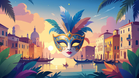 Venetian mask with feathers symbolizing celebration, festival, and traditions, floating over italy's grand canal at sunsetのイラスト素材