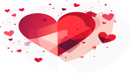 Red heart design with geometric facets and watercolor textures, representing love, passion, and celebration for valentine's dayのイラスト素材