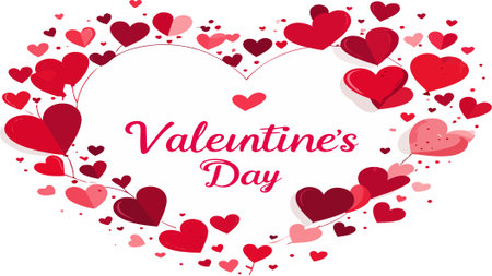 Heart-shaped frame with valentine's day text, red and pink hearts and confetti on white background â romantic greeting card designのイラスト素材