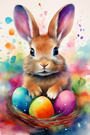 Whimsical watercolor artwork depicting a cute easter bunny guarding a nest filled with vibrant eggs,...