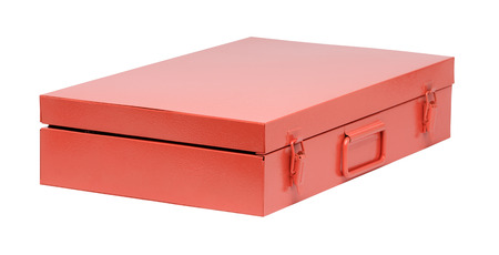 Big metal orange toolbox isolated on white backgroundの写真素材