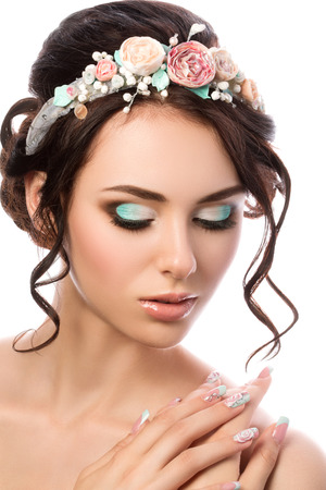 Portrait of young beautiful bride. Wedding coiffure and make-up.の写真素材