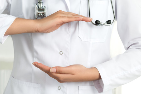 Close-up of female medicine doctor hands showing copy space for product or text.の写真素材