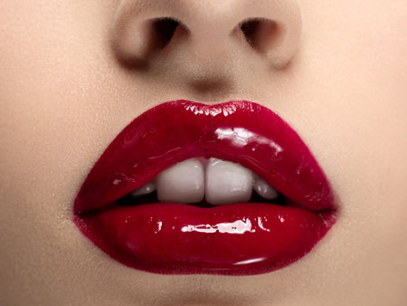 Beautiful woman lips with red lipstickの写真素材