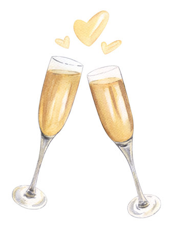 Two glasses of champagne watercolor illustrationの写真素材