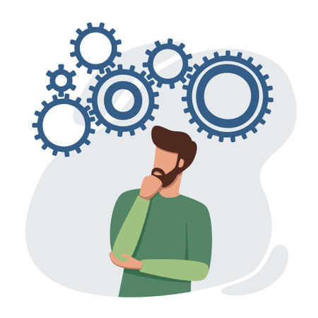 Puzzled man looking for problem solutionのイラスト素材