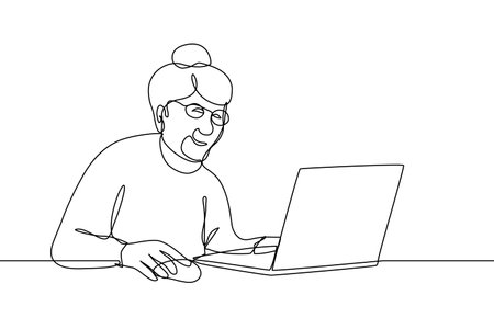 Smiling elderly woman working on laptopのイラスト素材