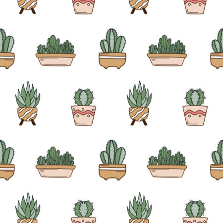 Seamless pattern with cute cacti in flower potsのイラスト素材