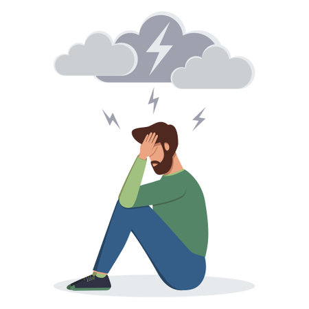 Stressed man sitting on the floor and holding his head. Headache, irritation, burnout or problem conceptのイラスト素材