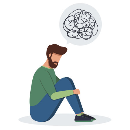 Man with confused thoughts sitting on the floor. Frustration, depression, negative thoughts conceptのイラスト素材