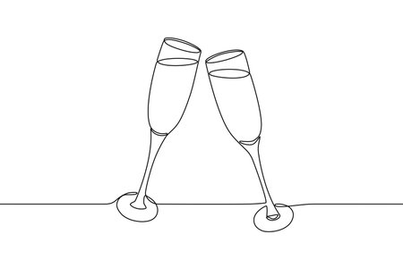 Two glasses of champagne continuous line vector illustration. Congratulation, wedding, birthday, celebration or new year conceptのイラスト素材