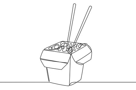Opened Asian food box with noodles. Takeaway carton wok box with traditional Chinese or Thai dishのイラスト素材