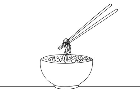 Asian noodle soup in a bowl with chopsticks continuous line vector illustrationのイラスト素材