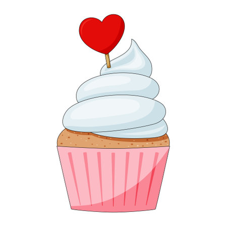 Sweet cupcake with wiped cream and red heart